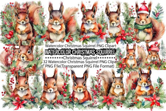 Watercolor Christmas Squirrel PNG Bundle for Print Templates