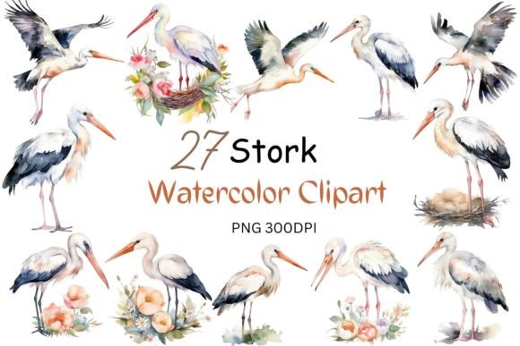 Watercolor Stork Clipart for Crafts & Branding